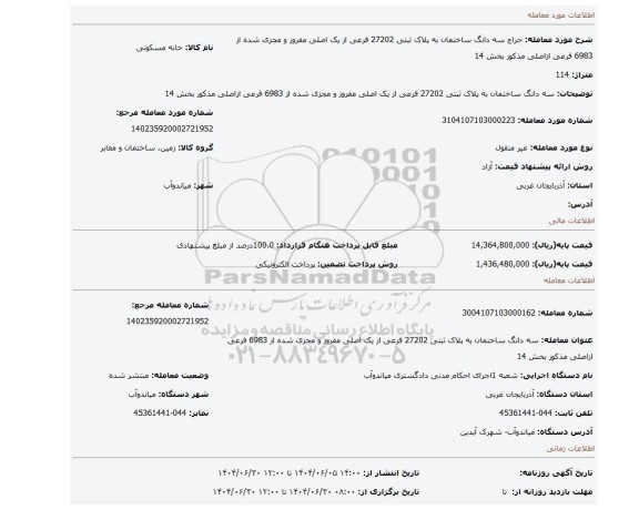مزایده، سه دانگ ساختمان به پلاک ثبتی 27202 فرعی از یک اصلی مفروز و مجزی شده از 6983 فرعی ازاصلی مذکور بخش 14