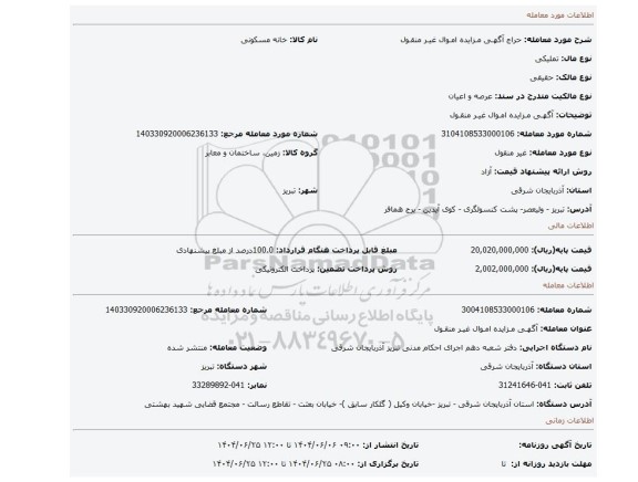 مزایده، آگهـی مـزایده امـوال غیـر منقـول