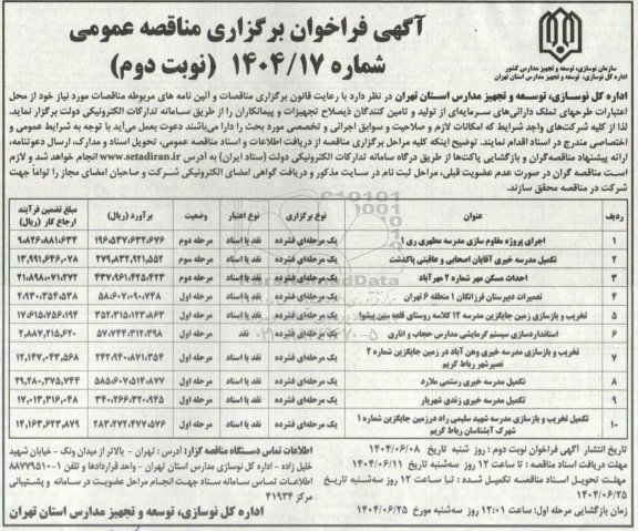 فراخوان مناقصه اجرای پروژه مقاوم سازی مدرسه ...- نوبت دوم 