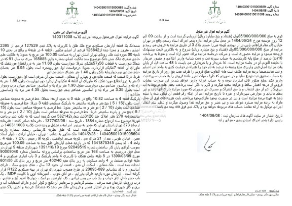 مزایده فروش یک قطعه آپارتمان مسکونی به پلاک ثبتی 127529 فرعی از 2395 اصلی