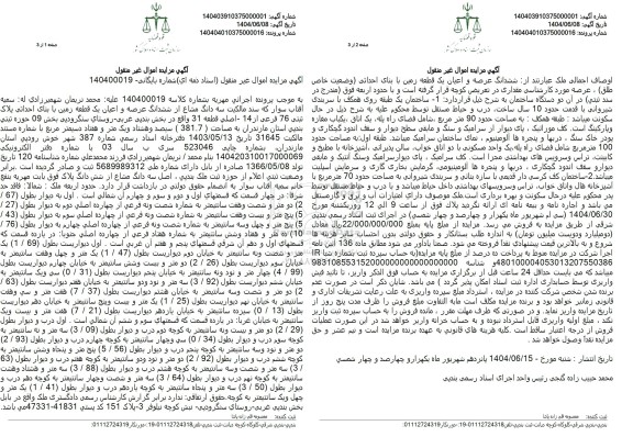 مزایده فروش سه دانگ مشاع از ششدانگ عرصه و اعیان یک قطعه زمین
