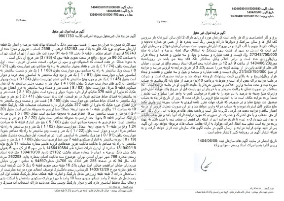 مزایده فروش هشت سهم شش دانگ یک قطعه آپارتمان مسکونی به پلاک ثبتی 432153 فرعی از 2395 اصلی