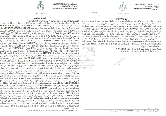 مزایده ششدانگ یک دستگاه خودرو تیبا 2 