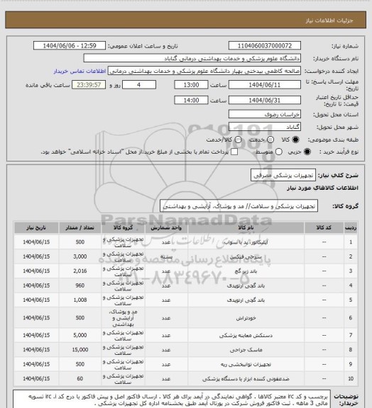 استعلام تجهیزات پزشکی مصرفی