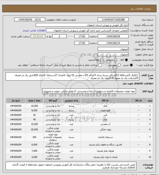 استعلام 1)کیک   2)نسکافه 3)قندتکی بسته بندی 4)چای 5)آب معدنی  6) لیوان کاغذی  7)دستمال کاغذی 8)قاشق یک بار مصرف  9)بشقاب یک بار مصرف 10)لیوان یک بار مصرف