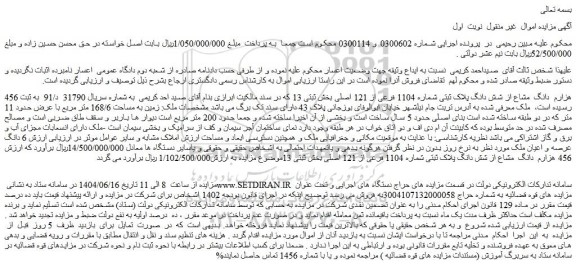 مزایده 456 هزارم دانگ مشاع از شش دانگ پلاک ثبتی شماره 1104 فرعی از 121 اصلی