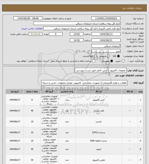 استعلام ملزومات کامپیوتر و کیس کامل طبق لیست پیوستی