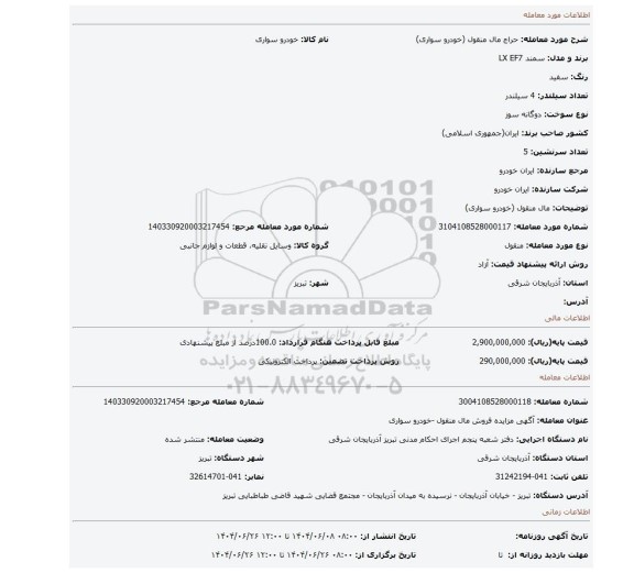 مزایده،  مال منقول (خودرو سواری)