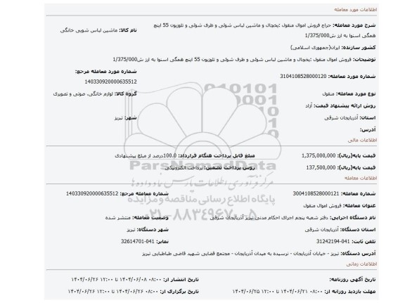 مزایده، فروش  اموال منقول :یخچال و ماشین لباس شوئی و ظرف شوئی و تلوزیون 55 اینچ همگی اسنوا به ارز ش1/375/000