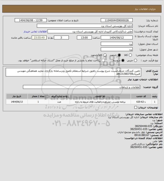 استعلام تامین کنندگان جدول لیست شرح پیوست راطبق شرایط استعلام تکمیل ودرسامانه بارگزاری نمایند هماهنگی مهندس قنبریان09131583759