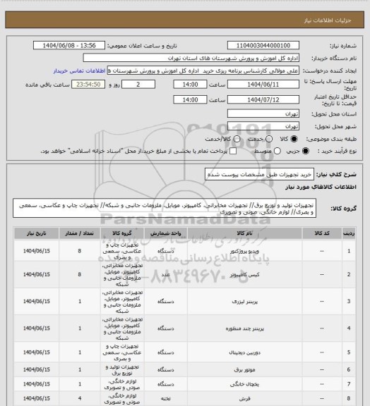 استعلام خرید تجهیزات طبق مشخصات پیوست شده