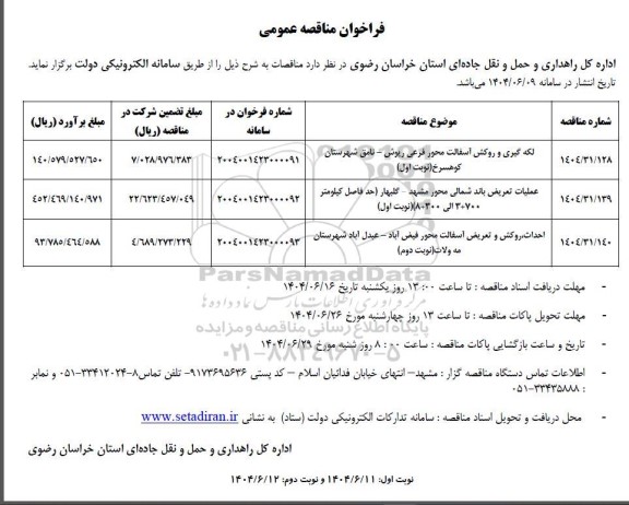 مناقصه لکه گیری و روکش آسفالت محور فرعی ریوش.....