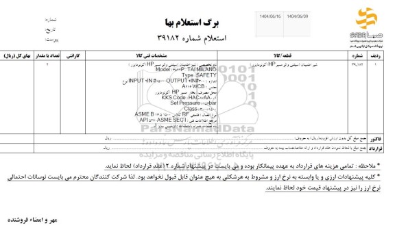 استعلام شیر اطمینان (سيفتی والو مسير HP اكونومايزر )