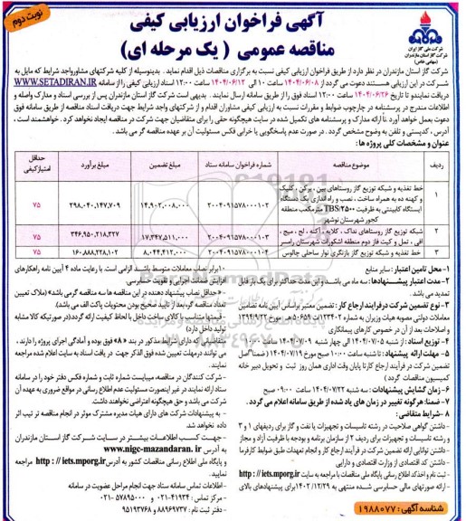 مناقصه خط تغذیه و شبکه توزیع گاز روستاهای...- نوبت دوم