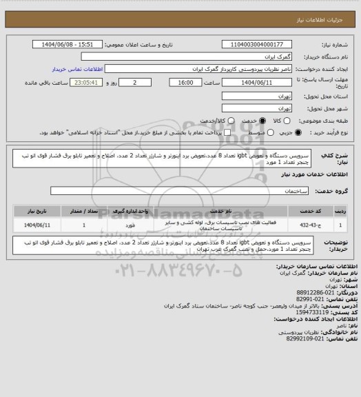 استعلام سرویس دستگاه و تعویض igbt تعداد 8 عدد،تعویض برد اینورتر و شارژر تعداد 2 عدد، اصلاح و تعمیر تابلو برق فشار قوی اتو تب چنجر تعداد 1 مورد