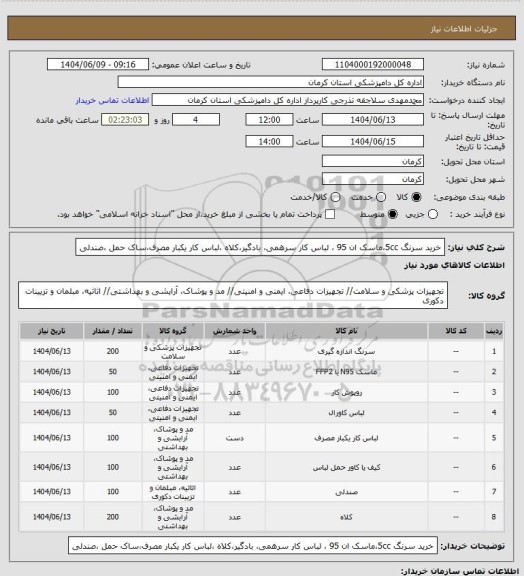 استعلام خرید سرنگ 5cc،ماسک ان 95 ، لباس کار سرهمی، بادگیر،کلاه ،لباس کار یکبار مصرف،ساک حمل ،صندلی