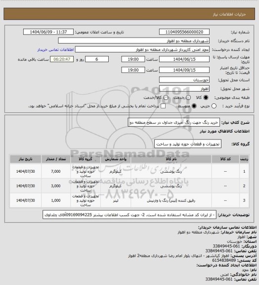استعلام خرید رنگ جهت رنگ آمیزی جداول در سطح منطقه دو
