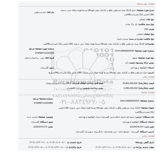 مزایده، 6دانگ منزل مسکونی واقع در کارکنان دولت کوچه18 وسط کوچه باپلاک ثبتی شماره 1281 فرعی از22 بامساحت348مت