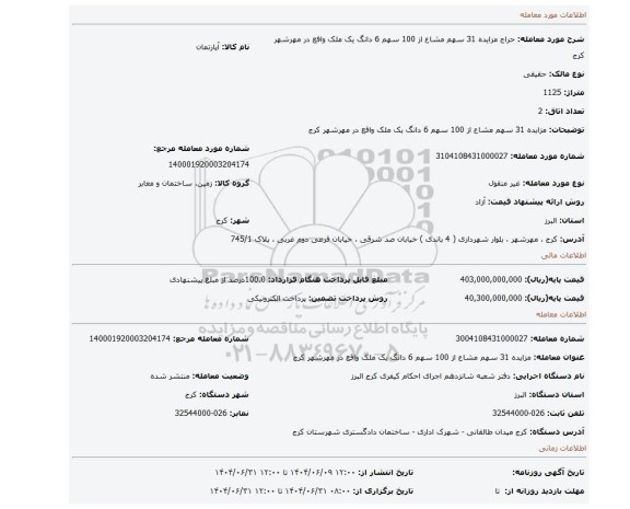 مزایده، مزایده 31 سهم مشاع از 100 سهم 6 دانگ یک ملک واقع در مهرشهر کرج