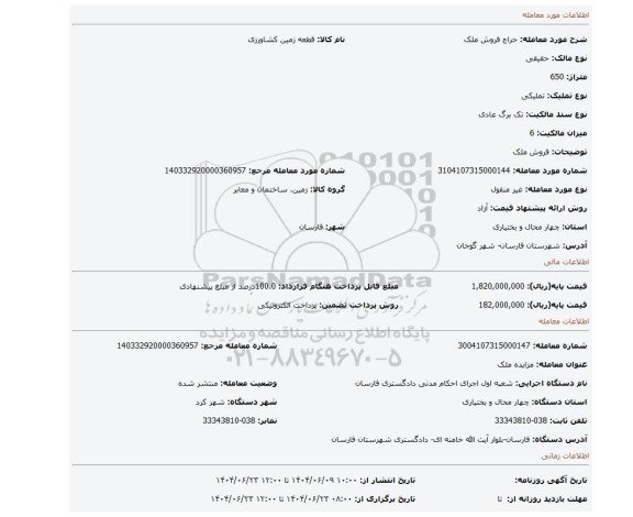 مزایده، فروش ملک