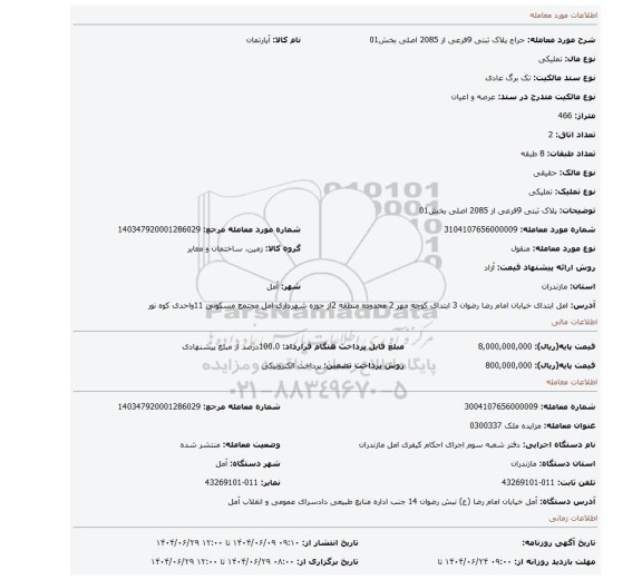 مزایده، پلاک ثبتی 9فرعی از 2085 اصلی بخش01