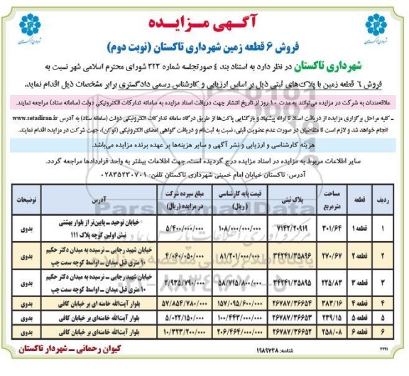 مزایده فروش 6 قطعه زمین- نوبت دوم
