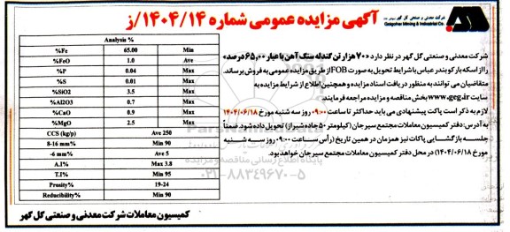 مناقصه و مزایده فروش 70 هزار تن گندله سنگ آهن با عیار 65.000 درصد