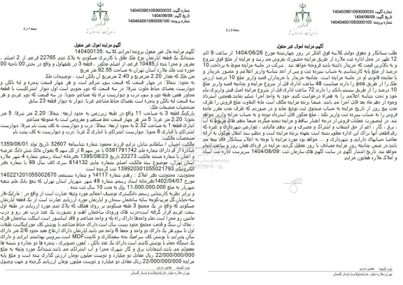 مزایده ششدانگ یک قطعه آپارتمان مسکونی پلاک ثبتی 22765