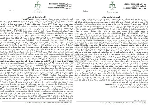 مزایده یک قطعه آپارتمان مسکونی تحت پلاک ثبتی 186957 فرعی از 4476 اصلی، مفروز و مجزی شده از 510 فرعی 