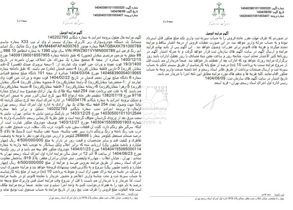 مزایده فروش ششدانگ یک دستگاه خودرو سواری سیستم آم وی ام تیپ X33