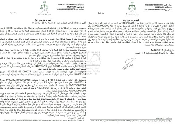 مزایده فروش یک قطعه آپارتمان مسکونی به مساحت 120.9 مترمربع
