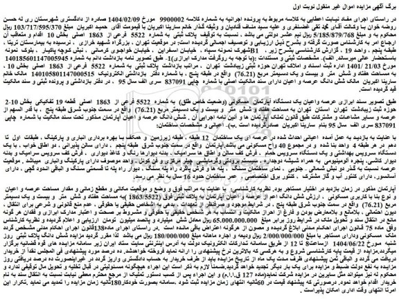 مزایده عرصه واعیان یک دستگاه آپارتمان  مسکونی (وضعیت خاص طلق)  به شماره  5522 فرعی از  1863  اصلی  قطعه 19 تفکیکی 