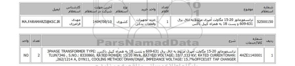 استعلام ترانسفورماتور 20-15 مگاولت آمپری مربوط به اتاق برق 631-609 و پست 18 به همراه کیبل باکس