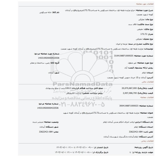مزایده، مزایده طبقه اول ساختمان مسکونی به مساحت173.72مترمربع واقع در آبدانان کوچه شهید عصمت
