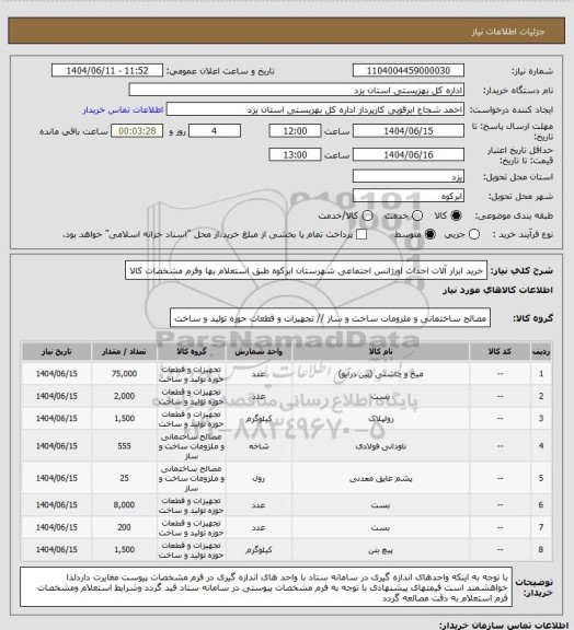 استعلام خرید ابزار آلات احداث اورژانس اجتماعی شهرستان ابرکوه طبق استعلام بها وفرم مشخصات کالا
