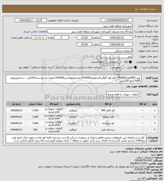 استعلام پودر NPKکود(7000KG)-پودرکود گوگردکشاورزی7000KG-پودرمیکرومعدنی7000KG-مایع سم دورسبان100لیتر - سم فیپررونیل 80% مایع 100لیتر