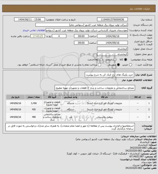 استعلام خرید پکینگ های برج خنک کن به شرح پیوست