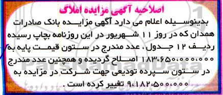 مزایده فروش املاک مازاد بانک صادرات اصلاحیه