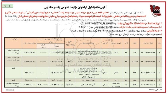 تجدید اول مزایده تعدادی قطعه زمین  جهت ایجاد واحد خدماتی - صنایع کوچک بدون آلایندگی - نوبت دوم