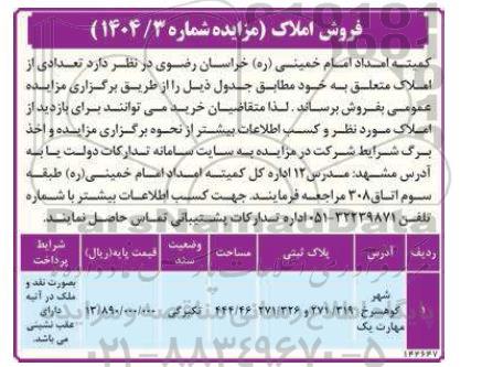 مزایده فروش تعدادی از املاک 
