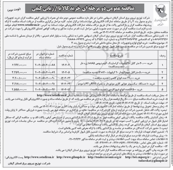 مناقصه خرید 40.000 متر کابل 20 کیلوولت کراسلینک آلومینیومی و..- نوبت دوم