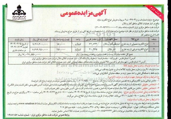 مزایده فروش انواع الکترود مازاد نوبت دوم