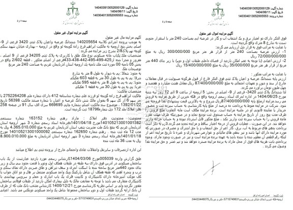 مزایده فروش ملک به پلاک ثبتی 3420 فرعی از 9 اصلی