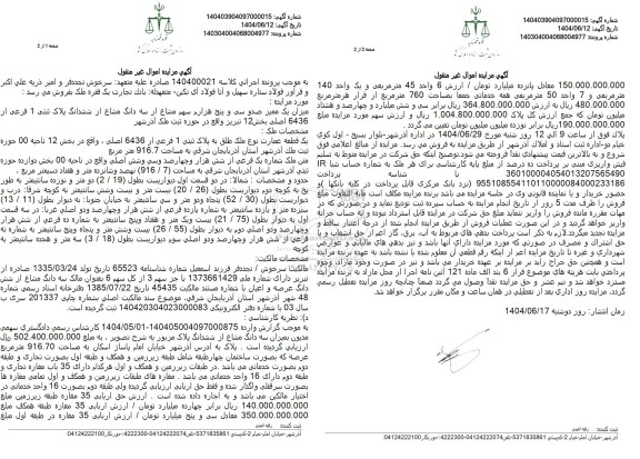 مزایده میزان یک ممیز صد و سی و پنج هزارم سهم مشاع از سه دانگ مشاع از ششدانگ پلاک ثبتی 1 فرعی از 6436 اصلی