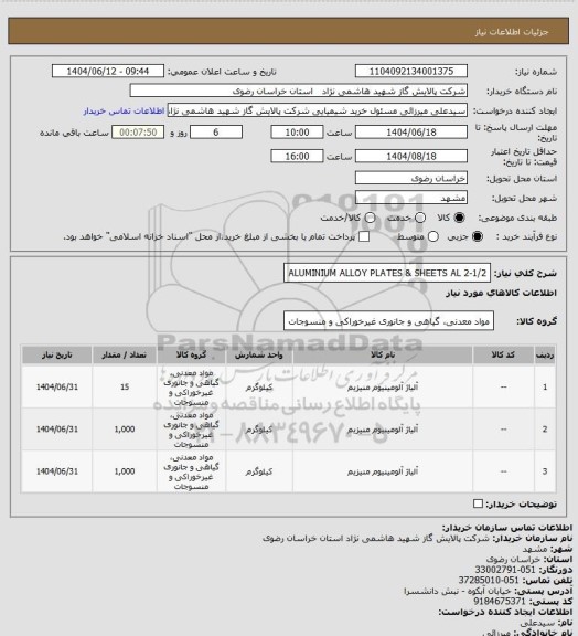استعلام ALUMINIUM ALLOY PLATES & SHEETS AL 2-1/2