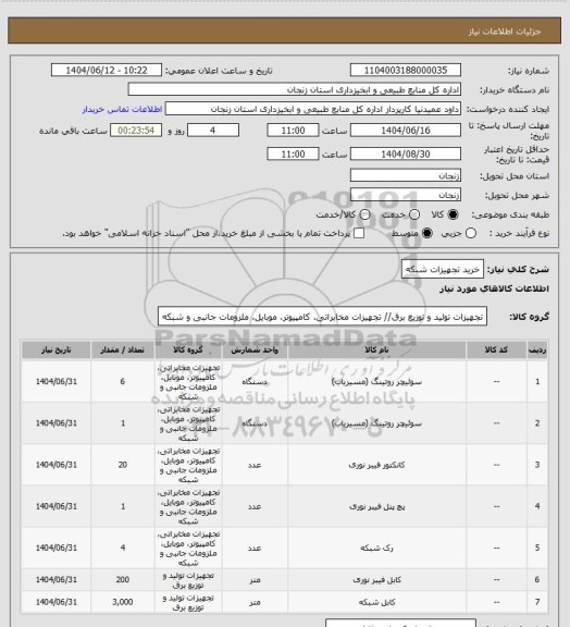 استعلام خرید تجهیزات شبکه
