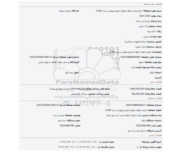 مزایده، مزایده اموال منقول (خودرو پژوپارس مدل 1393)