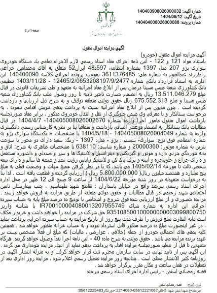 مزایده فروش یک دستگاه خودروی سواری پژو 207