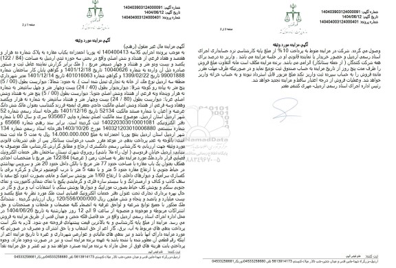 مزایده فروش یکباب مغازه به مساحت 122.84