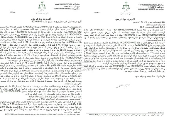 مزایده فروش یک دستگاه آپارتمان دارای پلاک ثبتی 45599 فرعی از 176 اصلی